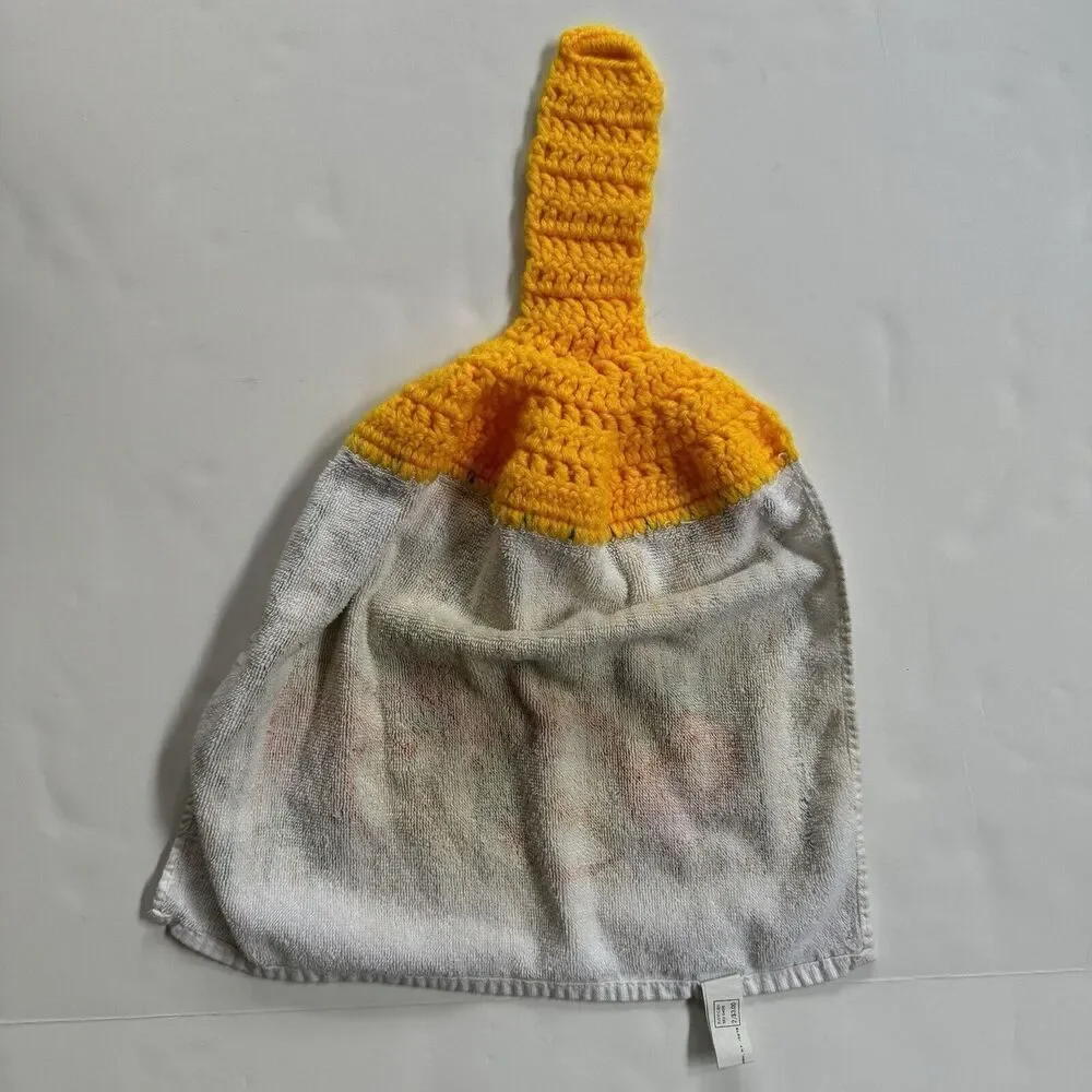vintage Crochet Hanging Kitchen towel peaches fruit yellow cotton mcm Retro 70s